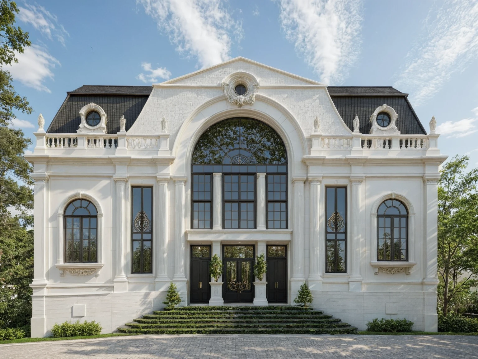 Architectural style Architectural style, clean white sky, natural lighting, ((Classic Style House)),(masterpiece) , ((best quality)), dramatic lighting, high quality outdoors, sky, day, cloud, tree, blue sky, building, scenery, road, real world location, sunlight, enough detail, high resolution,super realistic, Photorealistic, highly detailed, balcony, plants, door, car, truck, parking slot, paving, . Clean lines, architectural drawing, highly detailed, Clean lines, geometric shapes, minimalist, modern, architectural drawing, highly detailed
