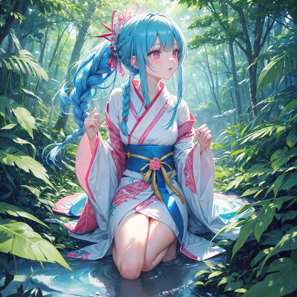 sky Blue hair, (braided ponytail),(pink eyes),fair skin ,(full body),1 girl,アヘ顔,white red kimono,(Fresh green forest),Forest Goddess,Straight Bangs,(masterpiece, best quality, ultra-detailed, best shadow), (detailed background), (beautiful detailed face), high contrast, (best illumination, an extremely delicate and beautiful), ((cinematic light)), colorful, hyper detail, dramatic light, intricate details,guardian of the forest,Leaf Blizzard,