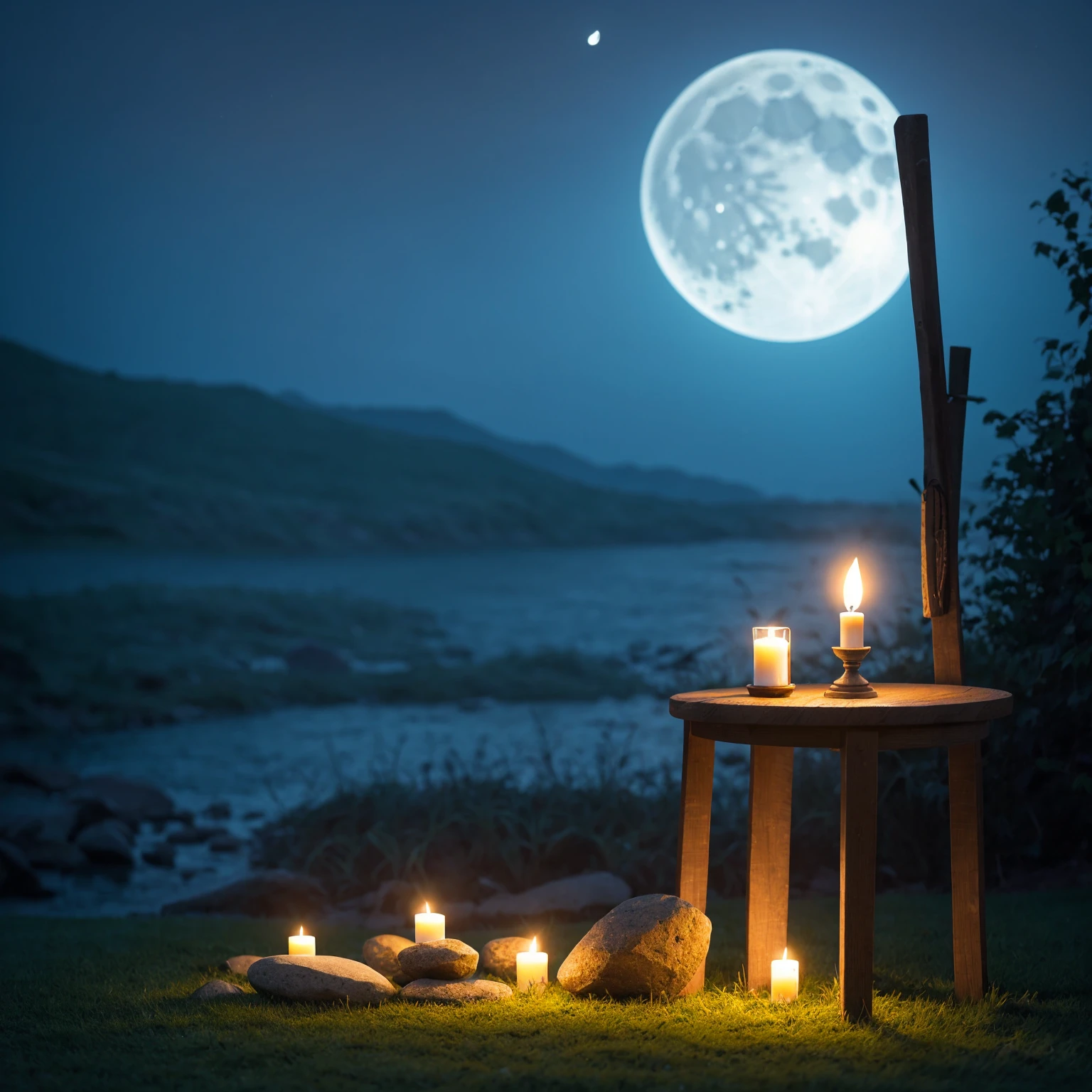 There is a candle and a stone on the table on the grass, night with Moon and candle, Moon and candle, Dreamy atmosphere of a moonlit night, Magic Background, Peaceful atmosphere, Magical atmosphere, soft Moonlight Illumination, Moonlight lighting, Candlelit, Background artwork, Relaxed atmosphere, Moonlight Illumination, Sweet Night Ambient, Candlelight, at night with moon light, Moonlight Background