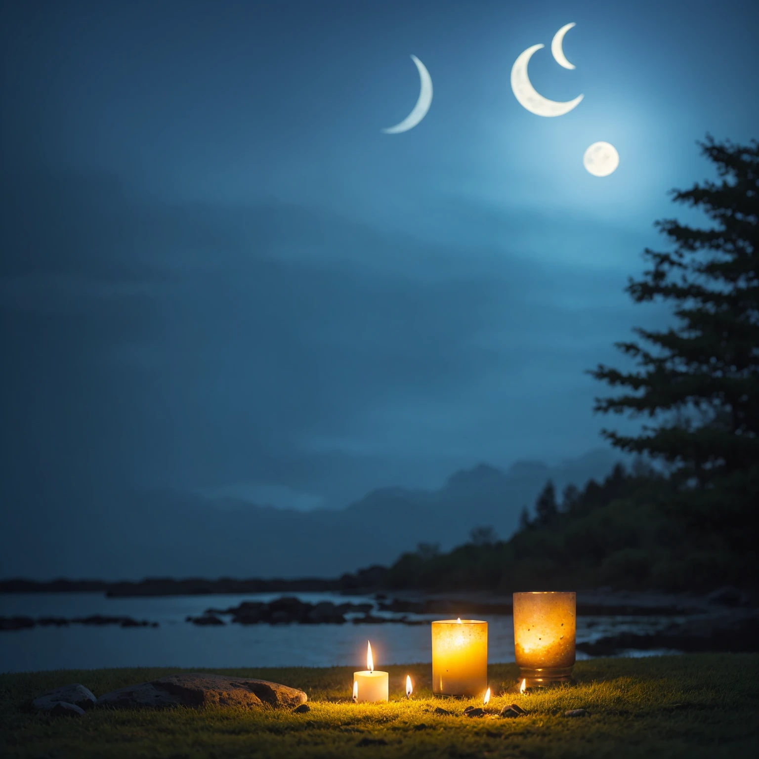 There is a candle and a stone on the table on the grass, night with Moon and candle, Moon and candle, Dreamy atmosphere of a moonlit night, Magic Background, Peaceful atmosphere, Magical atmosphere, soft Moonlight Illumination, Moonlight lighting, Candlelit, Background artwork, Relaxed atmosphere, Moonlight Illumination, Sweet Night Ambient, Candlelight, at night with moon light, Moonlight Background