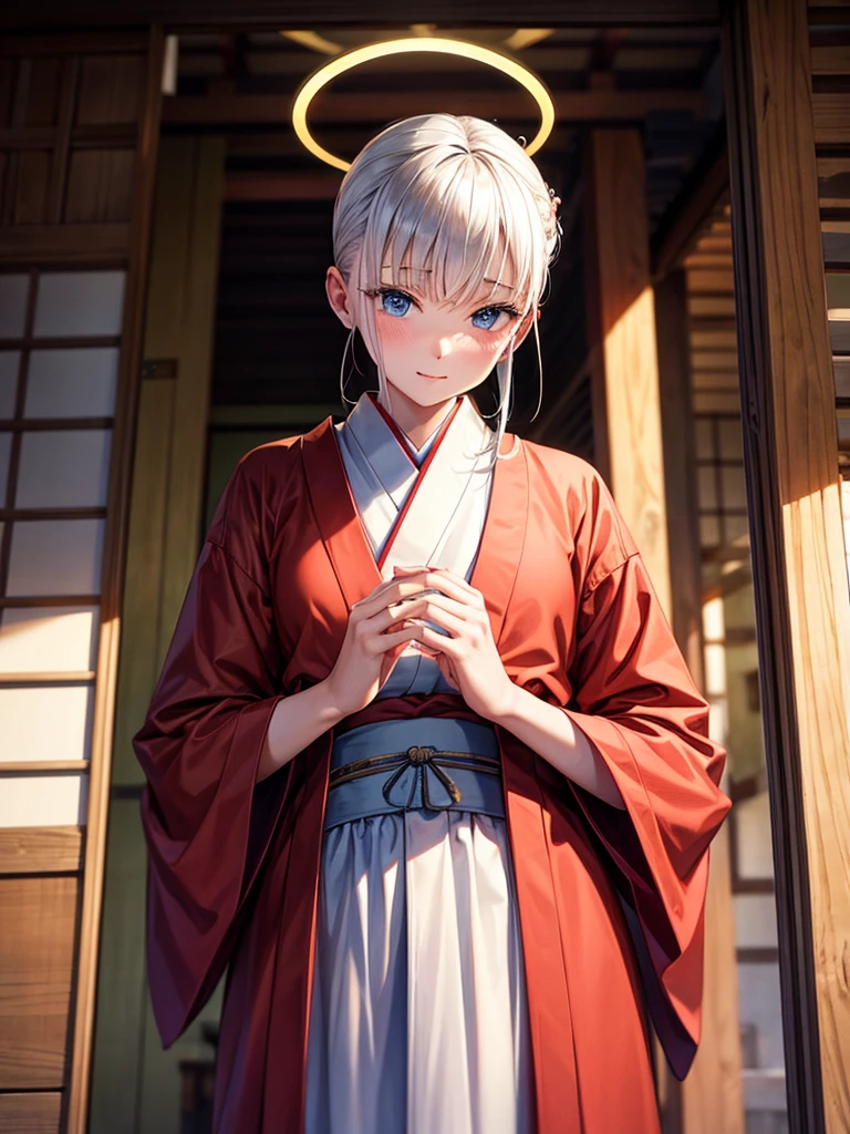 Highest quality,Highest Resolution,A skinhead monk wearing a robe prays with his hands together,Halo,Japanese,Japanese temple grounds,
