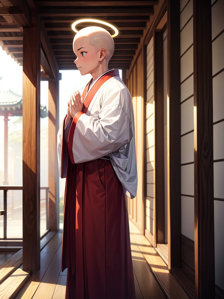 Highest quality,Highest Resolution,A skinhead monk wearing a robe prays with his hands together,Halo,Japanese,Japanese temple grounds,