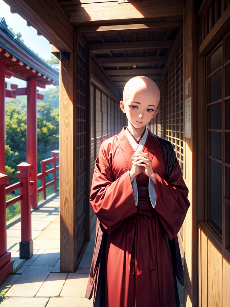Highest quality,Highest Resolution,A skinhead monk wearing a robe prays with his hands together,Halo,Japanese,Japanese temple grounds,
