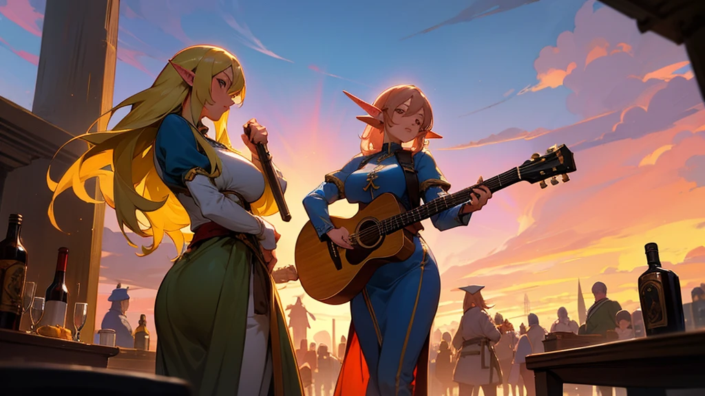 Anime Style,Nostalgic,Detailed background,The medieval world,A lively bar with lots of people,Beautiful sky,Beautiful Elf Bard,guitar,Large Breasts,Protruding buttocks