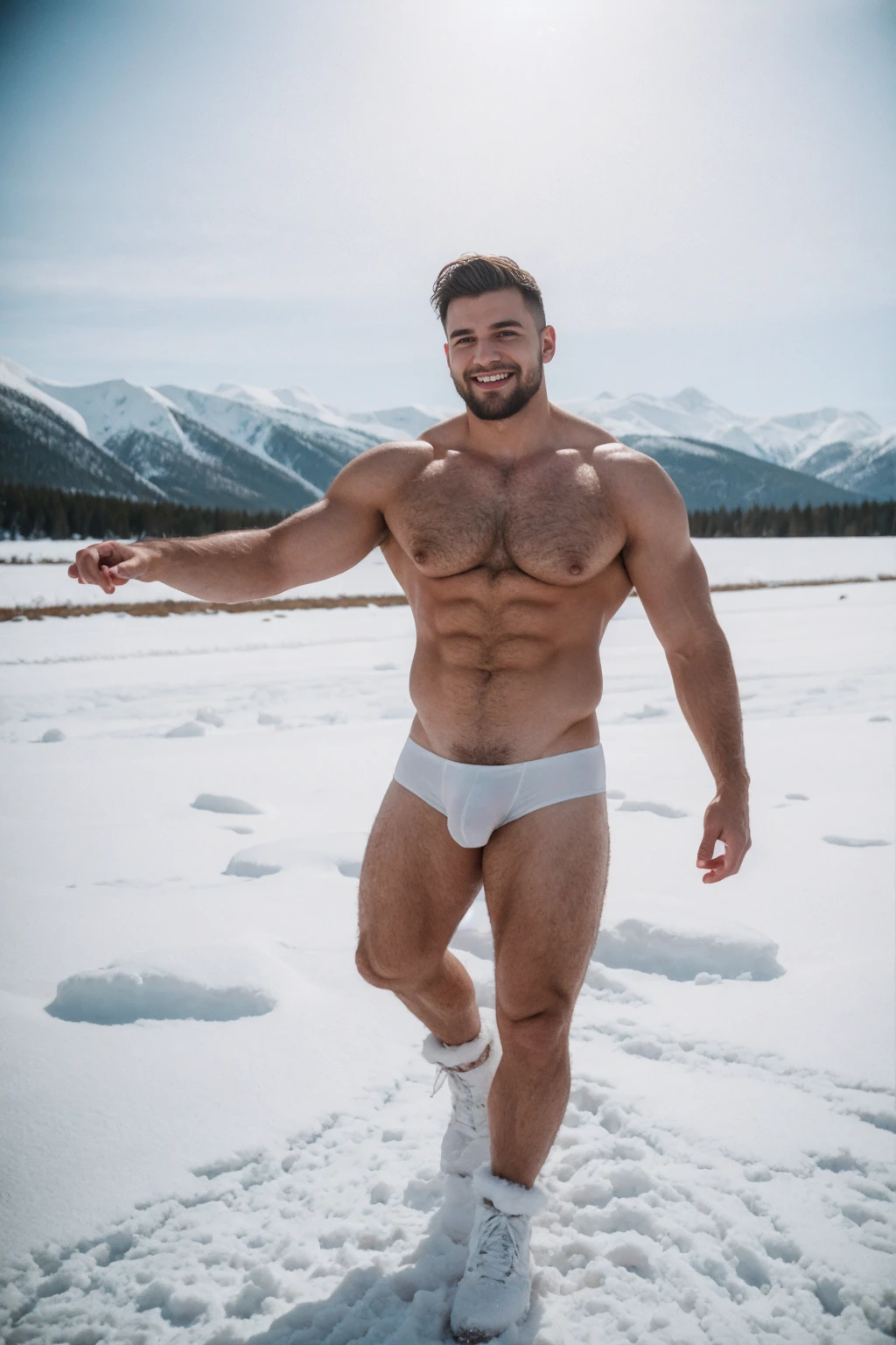 1 stocky shirtless Russian gay is standing with his legs and thighs opened and spread in the snow with wide landscape of snowfield , 1 man only, no other people, iceblocks and icelake and snow scene, he is wearing white fur gloves, fur woolen hat to cover snow , moustache, facial hair, white transparent thong bikini highlighting big bulge and big butts, Wear knee-length fur shoes.,masculine and stocky, shirtless, handsome face with detailed facial features, shirtless and wearing nothing, correct accurate male anatomy,skinny boy body, muscle body,sport body, big muscle, Handsome face, wet oiled waxy shiny greasy muscles and skin, flawless white skin, masterpiece, professional DSLR shoot and retouching, illustration art, shadow, highlight, sharpness, depth of field, dessert and Russian snow field environment, sexy, hot gay erotic illustration art, sexy and hot,Close-up photo,(Best quality, 8k, Masterpiece).,Smiling face, good mood.highest detail, superior quality, natural lighting, beautiful, sexy, correct anatomy, good composition,realistic shapes, realistic skin tones,Natural eyes,realistic eyes,looking up at viewer,vpl,realistic muscles,Realistic wrinkles on the skin,Realistic arms and legs,Realistic face,realistic hair,Make a sexy and seductive face, man focus,amazing composition, front view, HDR, volumetric lighting, ultra quality, elegant,Post a erotic photoshoot,Realistic pose,detailed hair,full body,Fujifilm XT3 photorealistic art by midjourney