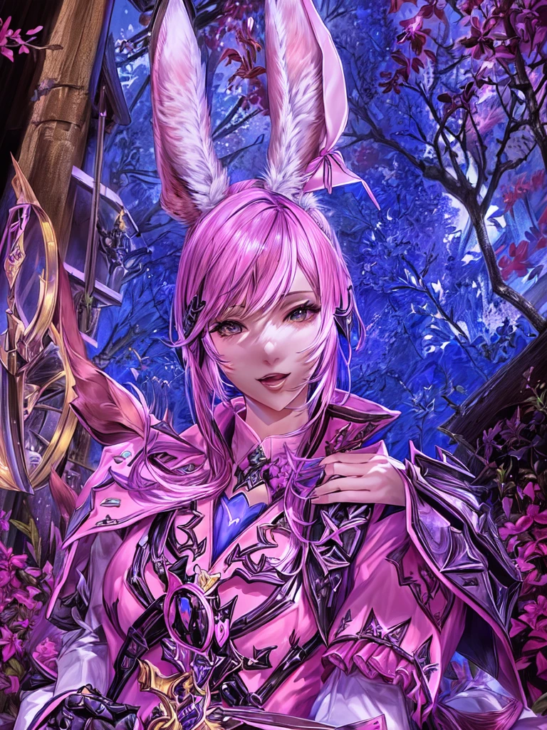 There is a woman with a rabbit ear and a pink suit, final fantasy style 14, Final Fantasy 1 4, Final Fantasy XIV, wearing cyber bunny ears, final fantasy 14 sharp, ffxiv cielo, wearing a pink rabbit costume, with rabbit ears, ffxiv, the bunny has pink fur, Final Fantasy 1 4 screenshot, Sexy bunny ears on the beach