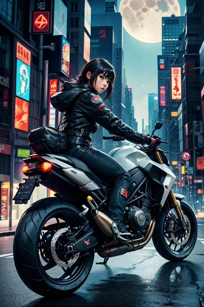 best quality, masterpiece, photo, 4K, photorealistic, highly detailed,
1girl riding motobike, techwear, cyberpunk city, solo, futuristic, huge moon in the background, black and white, by Akira Toriyama, closeup,
