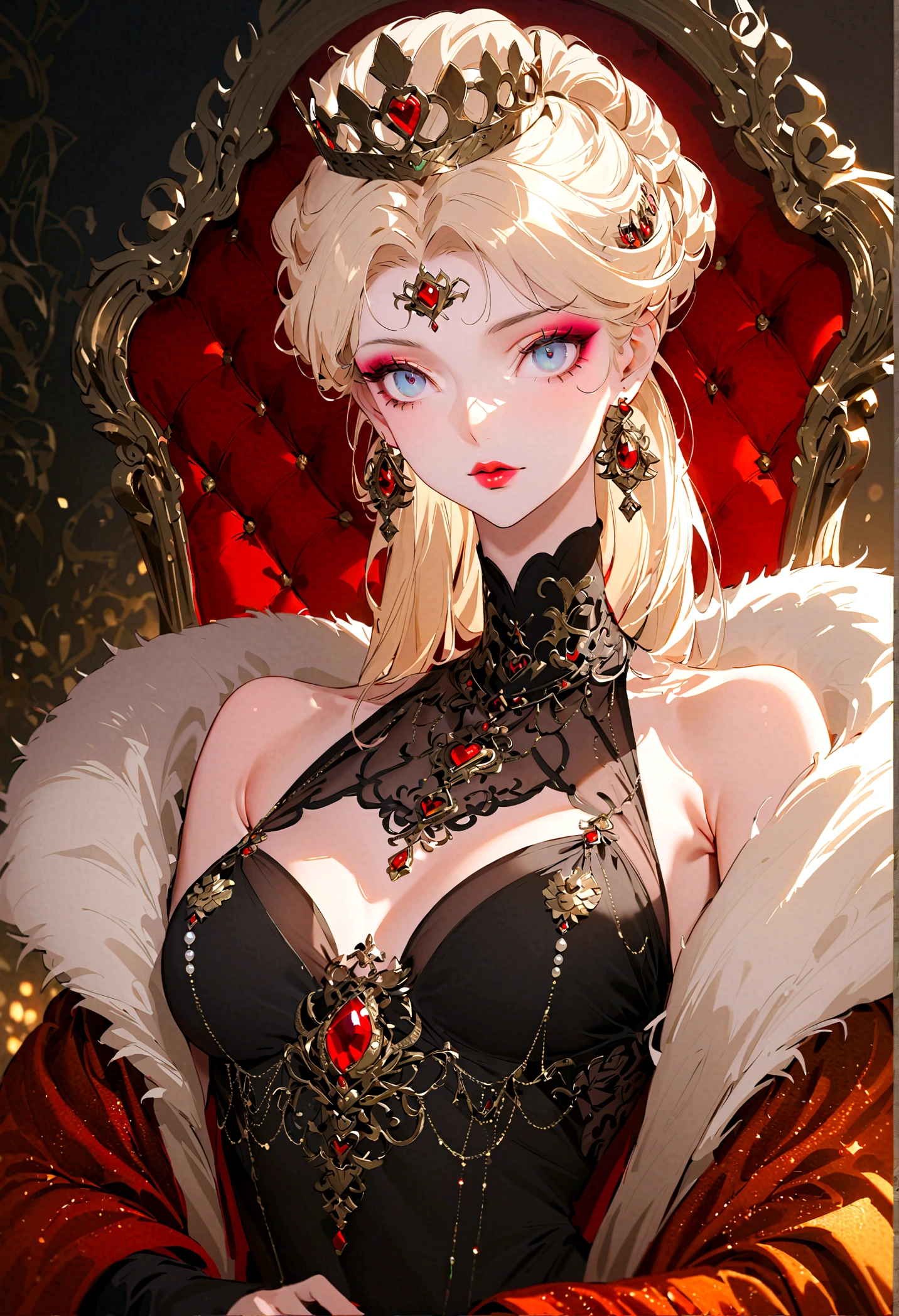 Throne of Power,queen,The most beautiful woman in the world,Queen's Clothes,The most luxurious throne in the world,Proportional human body.close_up,Exquisite makeup