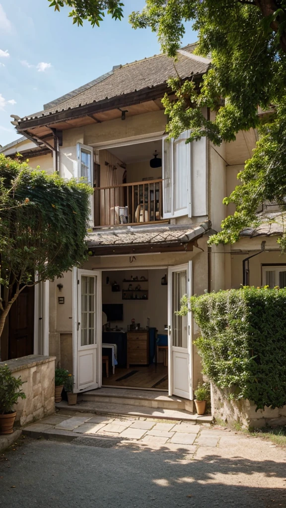 house, village view, daylight, visible from the front, solid picture