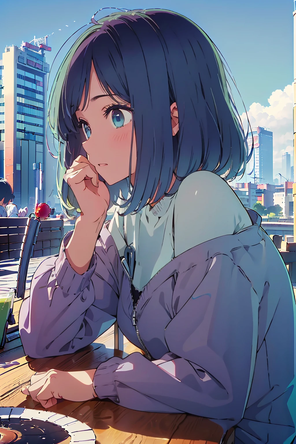 (Highest quality:1.4、8K:1.4、detailed)、F cup bust、Big Breasts、Slim body、Very white beautiful skin、((((1 person、Surprised expression、sit、Chair、In the background are the urban buildings of Tokyo、looking at the camera、Outdoor café terrace、Navy hair color、juice、table、Very cute face))))、((((nude、Areola))))、(Pose with hair tucked behind ears with both hands:1.4、Cheek resting on hand:1.4)、(((Off-the-shoulder black blouson with zipper)))、Nipples、Very blue sky、A completely cloudless sky