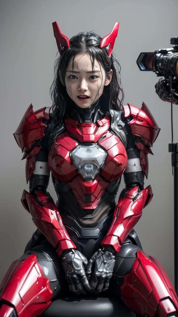 Rough skin, Very detailed, Advanced Details, high quality, 最high quality, High resolution, 1080P 、、Red Armor、Wearing red and black、cute((During a break))(破損したwoman用ロボットスーツを着用...)(Red Armor)(Broken Armor)Black Hair、、Soaking wet、Soaked Face　Place the headgear aside　Beautiful Face、Hot look　knock down、よだれing from the mouth、woman　(Steam coming out of the face) ((Steam from the body)) Sit on a chair　Filming locations　I can see the vagina　Open the crotch to the front　look up