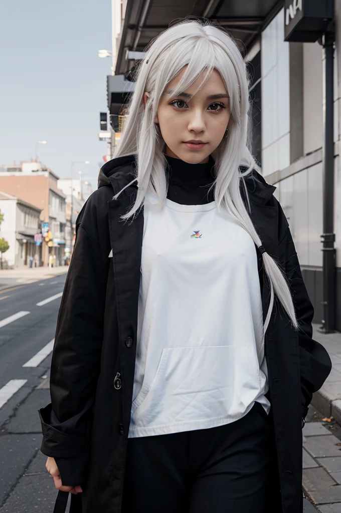 Make me a pngtuber model for prism live 3D.The model is a character anime white hair, brown eyes use black clothes, black coat, and brown pants