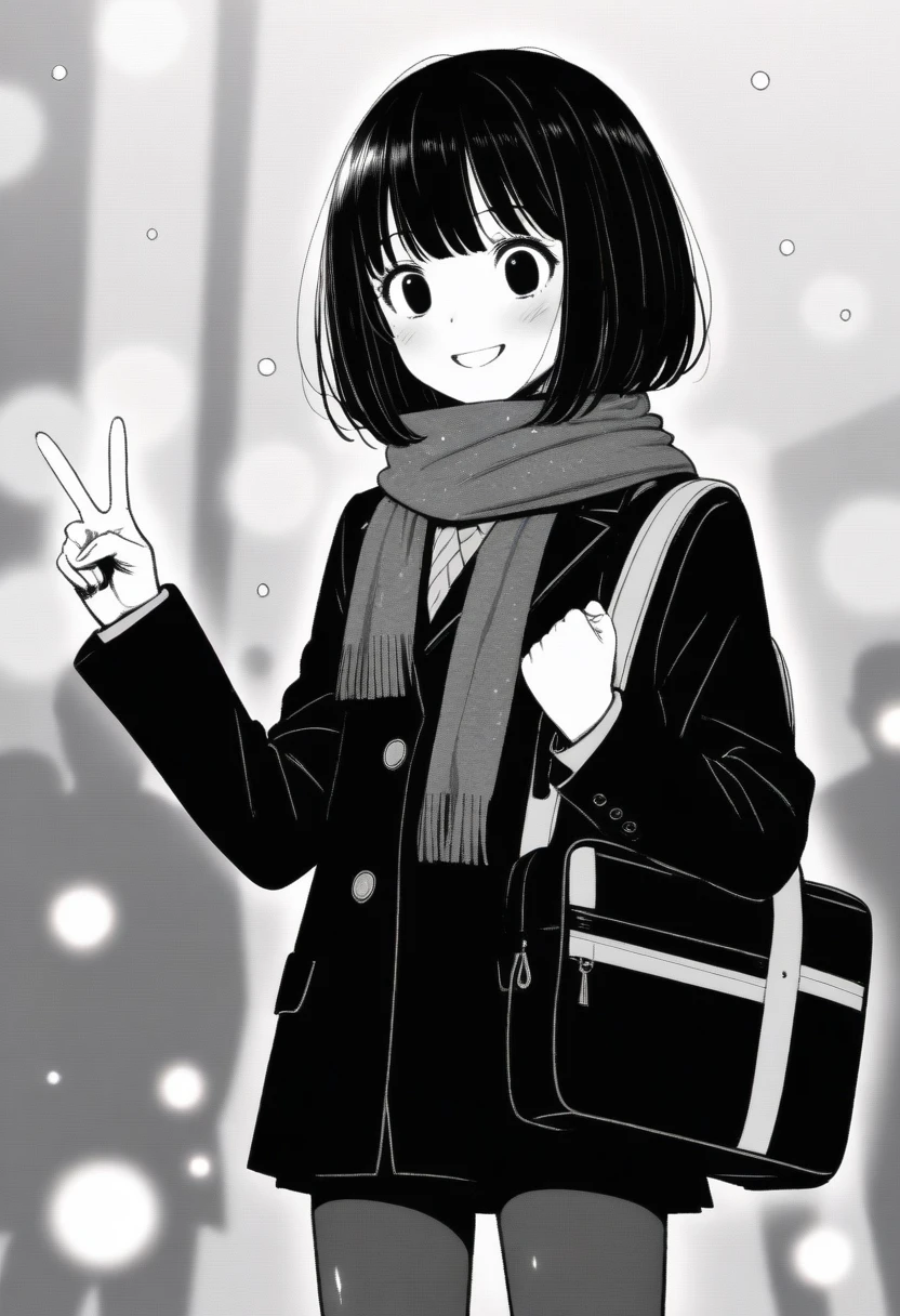 masterpiece, best quality, 1girl, mamerakkkkko, grayscale, manga style, japanese, chi no wadachi, black eyes, street, iced, black hair, schoolbag, smile, lineart, black coat, black scarf, black pleated skirt, leggins, centered, 18 years old, tall, fair skinned, bokeh background, streaming, bob cut, light particles, centered, snowing, (((v, perfect hand, detailed hand:1.1)), emotional anime scene, (very aesthetic, best quality, ultra detailed), intricate details
