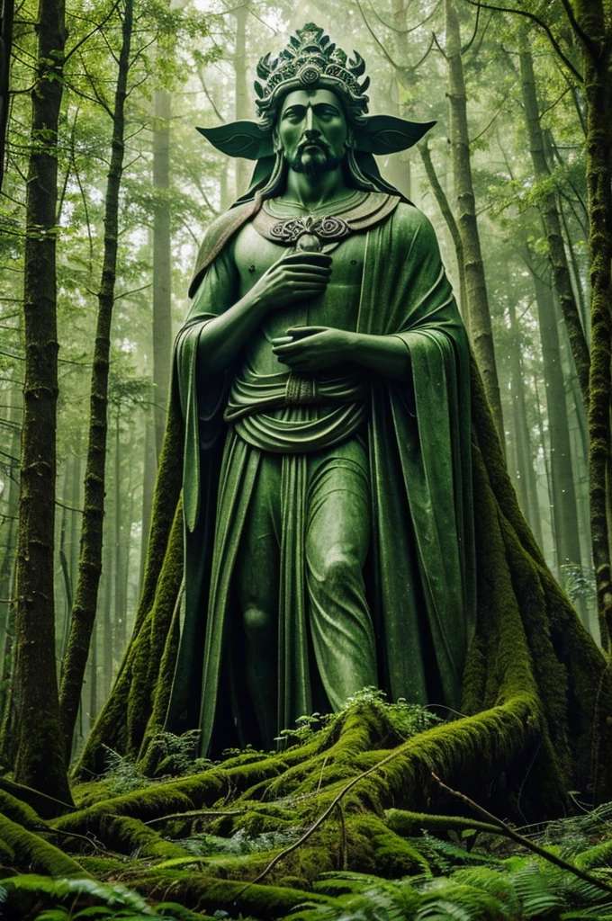 Image of a forest god, wise and serene, surrounded by trees and nature