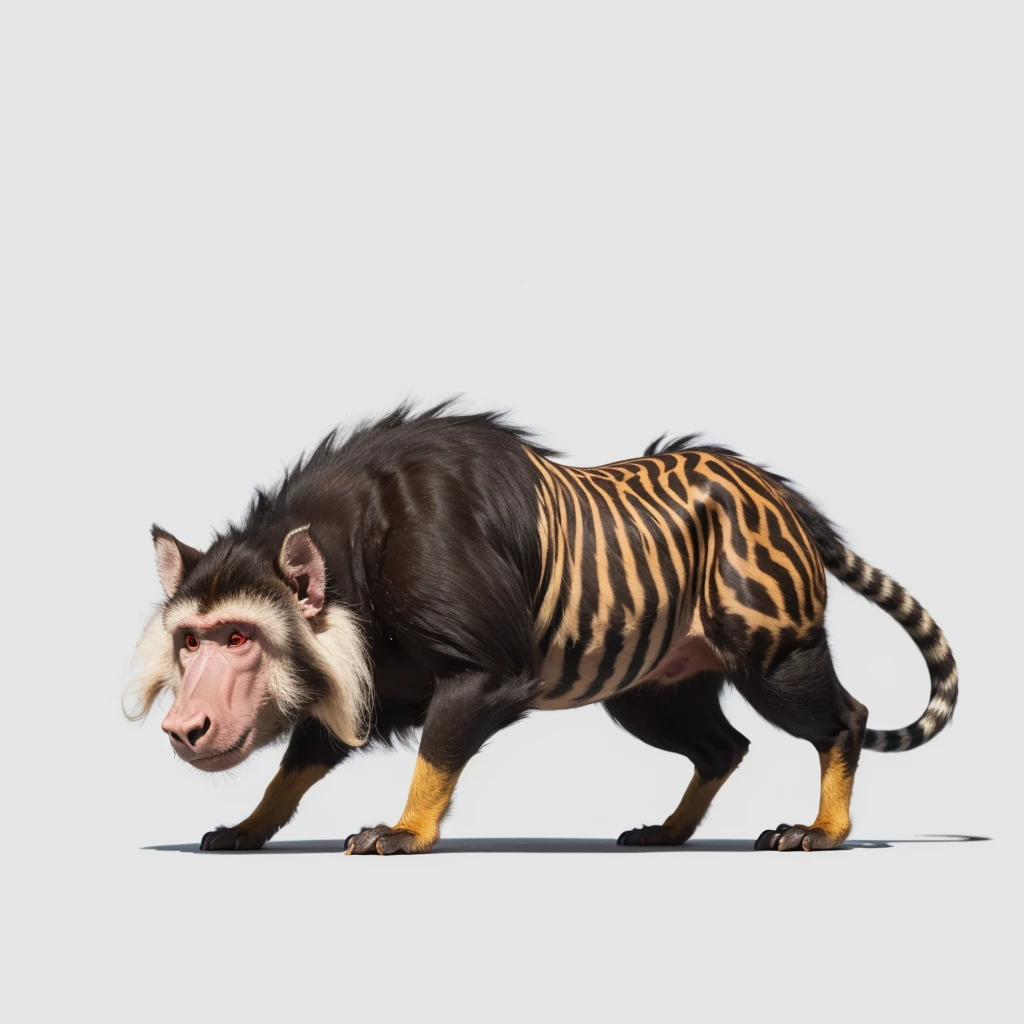 Big Animaly, has white stripes on his skin, yellow and red eyes, warthog mixed with monkey, Grassroots, no background