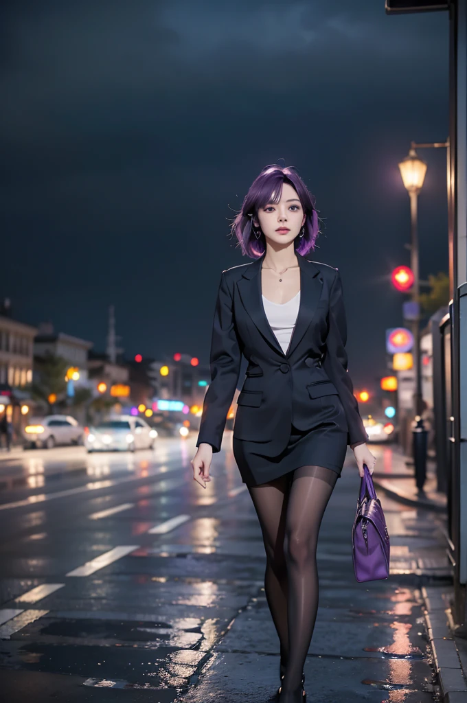 (One girl), masterpiece, photoRealistic, 8K, (Realistic: 1.2), whole body, View your viewers, pantyhose, Purple Hair, (Kafka: 1.2), walking, beauty, (Medium chest: 1.2) night, night sky, city, cityscape, rain, (dramatic: 1.2)