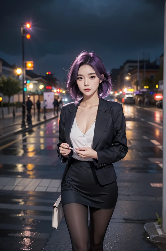 (One girl), masterpiece, photoRealistic, 8K, (Realistic: 1.2), whole body, View your viewers, pantyhose, Purple Hair, (Kafka: 1.2), walking, beauty, (Medium chest: 1.2) night, night sky, city, cityscape, rain, (dramatic: 1.2)