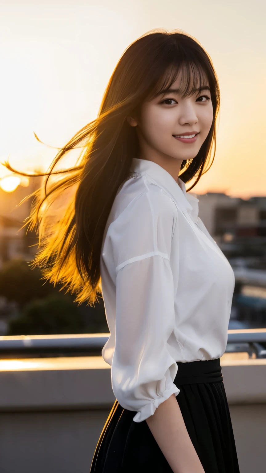 (highest quality,masterpiece:1.3,Ultra-high resolution),(Super detailed,Caustics,8k),(Photorealistic:1.4,RAW shooting),(Buckshot),Japanese,23 years old,cute,Are standing,(Smiling and looking at the camera),Black Hair Middle Hair,Big Breasts,White blouse,Knee-length skirt,Strong winds,Hair blowing in the wind,Rooftop,Backlight,Sunset,Sunset sky,Waist up shot,Face Focus,Face close up,Natural light