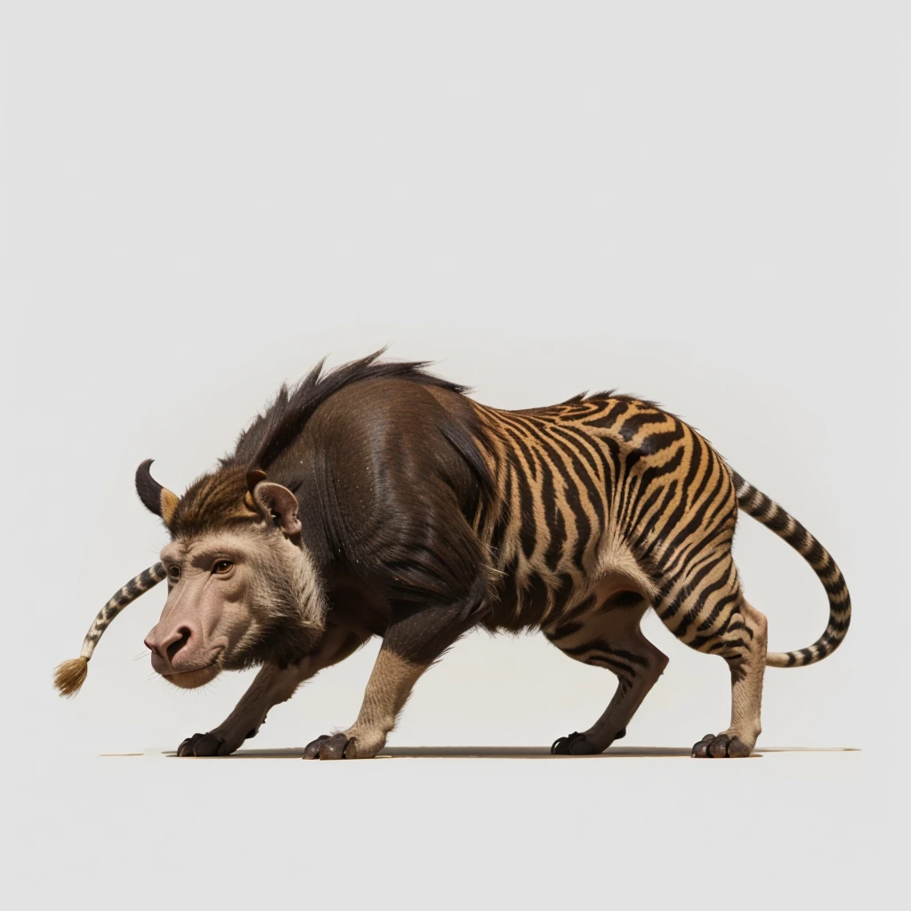 Big Animaly, has white stripes on his skin, yellow and red eyes, warthog mixed with monkey, Grassroots, no background