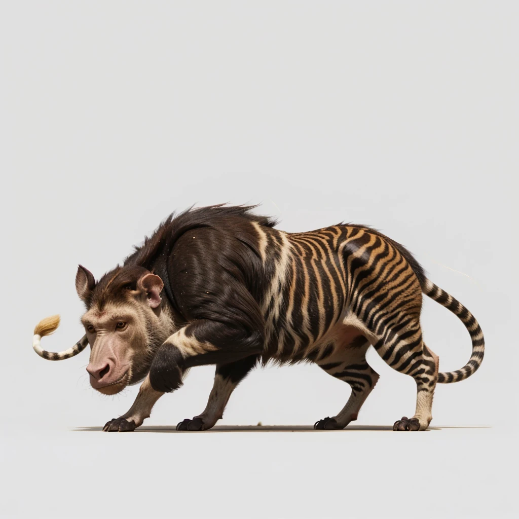 Big Animaly, has white stripes on his skin, yellow and red eyes, warthog mixed with monkey, Grassroots, no background