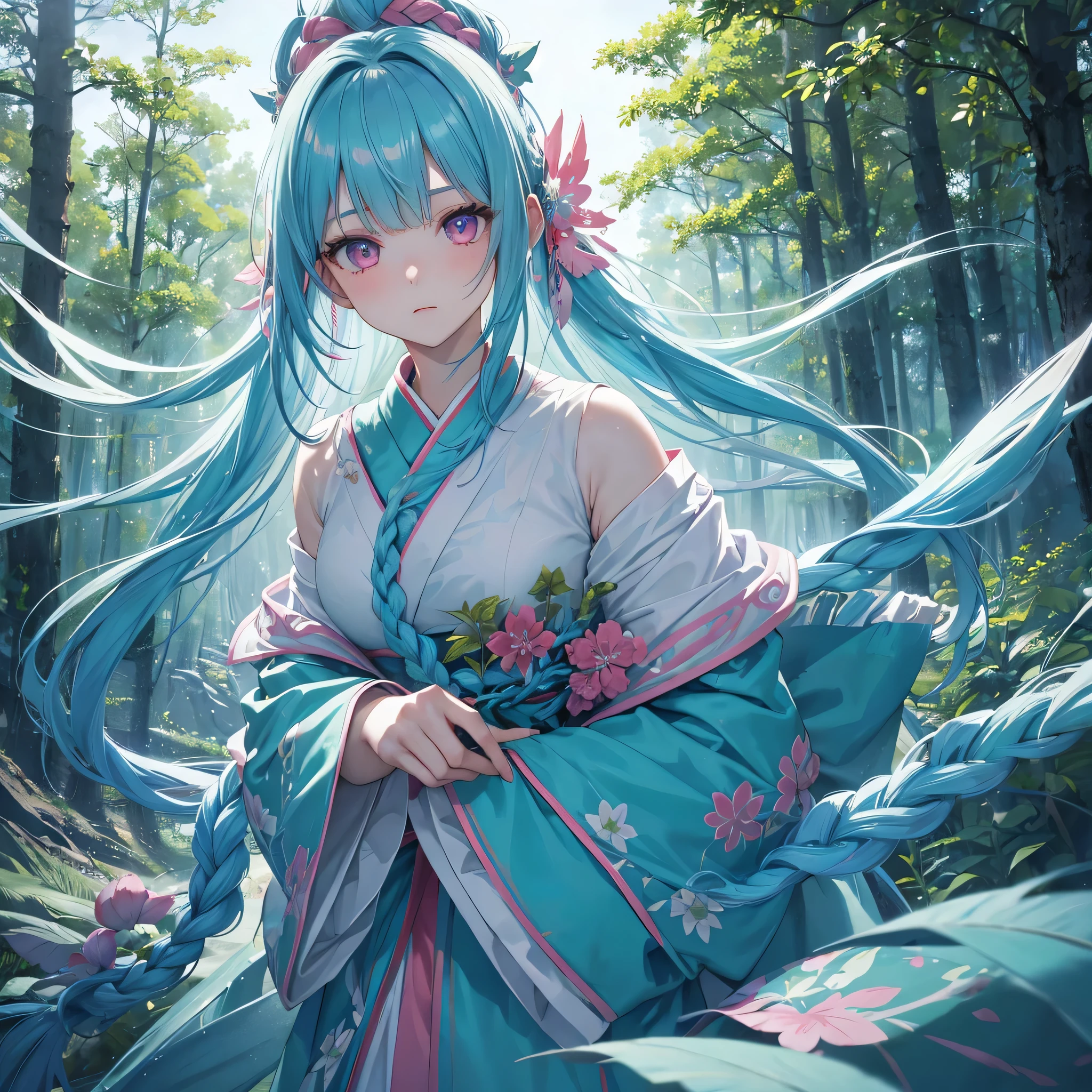 sky Blue hair, (braided ponytail),(pink eyes),fair skin ,(full body),1 girl,アヘ顔,white red kimono,(Fresh green forest),Forest Goddess,Straight Bangs,(masterpiece, best quality, ultra-detailed, best shadow), (detailed background), (beautiful detailed face), high contrast, (best illumination, an extremely delicate and beautiful), ((cinematic light)), colorful, hyper detail, dramatic light, intricate details,guardian of the forest,Leaf Blizzard,