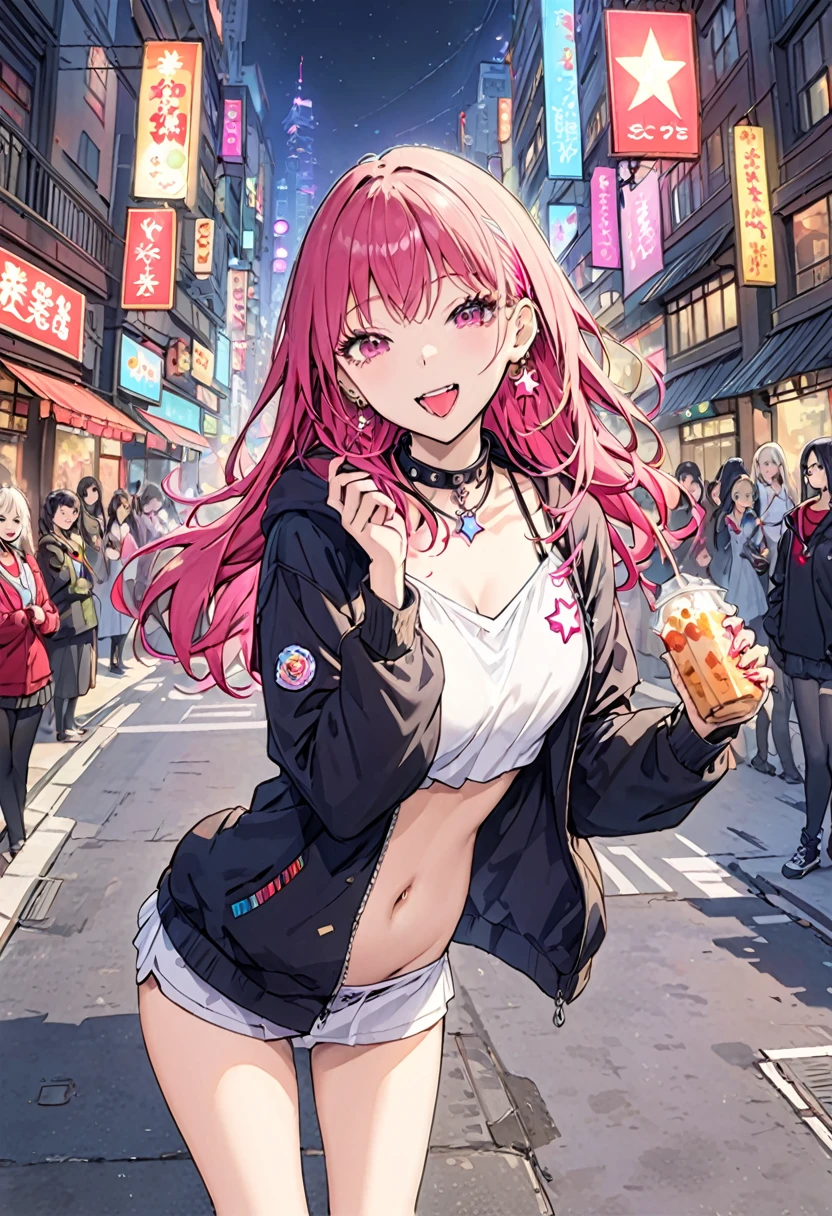 (masterpiece:1.2)、Highest quality、PIXIV、Rebellious girl、One girl、Open your mouth、鋭いteeth、teeth、Long Hair、Street background、gem、badge、ボタンbadge、Food、Pink Eyes、Earrings、Jacket、eyelash、Foodを下にして、star (symbol)、Upper Body、Characters in clothes、zipper、collar、cable、chain、tongue、Stickers、hoodie、smile、spike、Focus on the viewer、長いtongue、Chest in the center、Shoulder Bare、Belly button、Colorful hair colors,leaning forward,Cyberpunk city,Night view