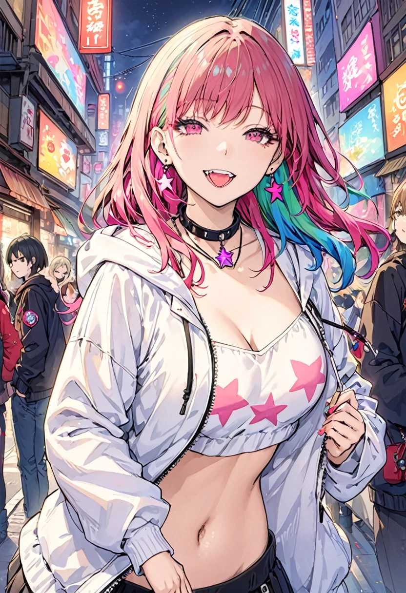 (masterpiece:1.2)、Highest quality、PIXIV、Rebellious girl、One girl、Open your mouth、鋭いteeth、teeth、Long Hair、Street background、gem、badge、ボタンbadge、Food、Pink Eyes、Earrings、Jacket、eyelash、Foodを下にして、star (symbol)、Upper Body、Characters in clothes、zipper、collar、cable、chain、tongue、Stickers、hoodie、smile、spike、Focus on the viewer、長いtongue、Chest in the center、Shoulder Bare、Belly button、Colorful hair colors,leaning forward,Cyberpunk city,Night view