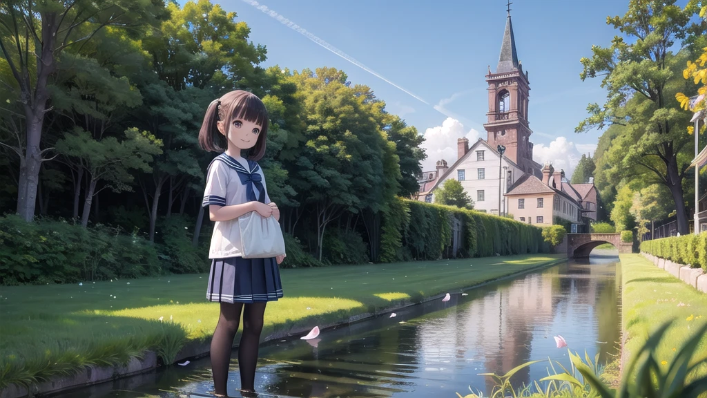 (masterpiece),  town,  blue sky,  One Girl,  smile,  alone,  Sailor suit、Long skirt,  Overgrown,  petal,  plant、Skirt lining、Translucent slip、nostalgic、Black Pantyhose