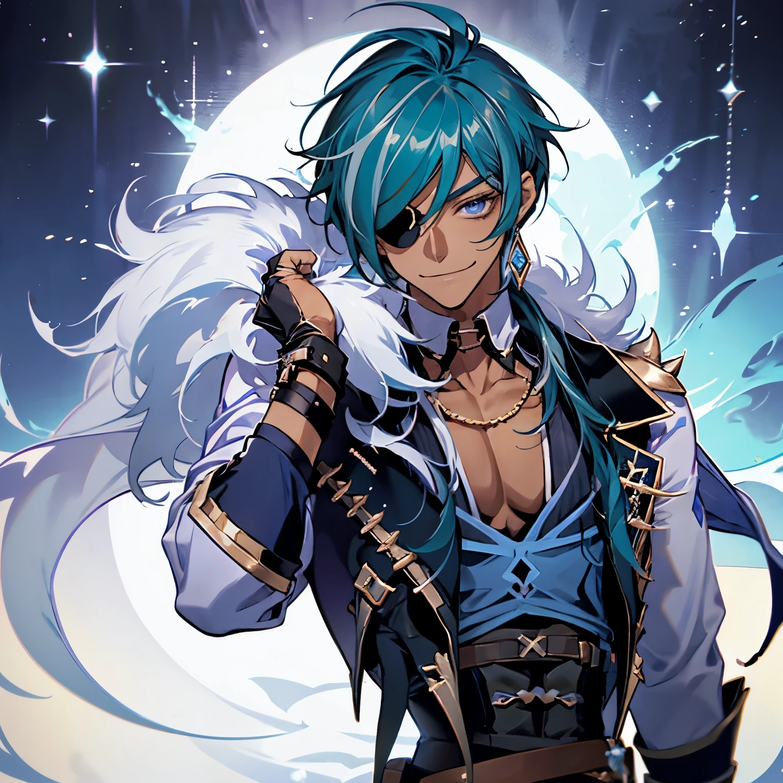 kaeya (genshin impact), 1boy, male focus, eyepatch, dark-skinned male, gloves, solo, jewelry, blue hair, earrings, long hair, blue eyes, single earring, dark skin, bangs, black gloves, fingerless gloves, grin