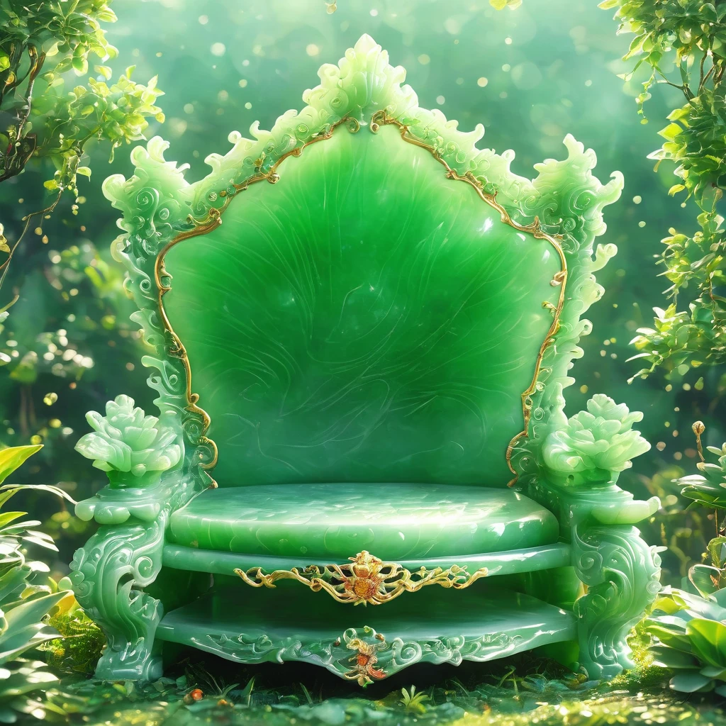 best quality, very good, 16K, ridiculous, Very detailed, gorgeous((( Throne 1.3)))，Made of translucent jadeite, Background grassland（（A masterpiece full of fantasy elements）））， （（best quality））， （（Intricate details））（8K）