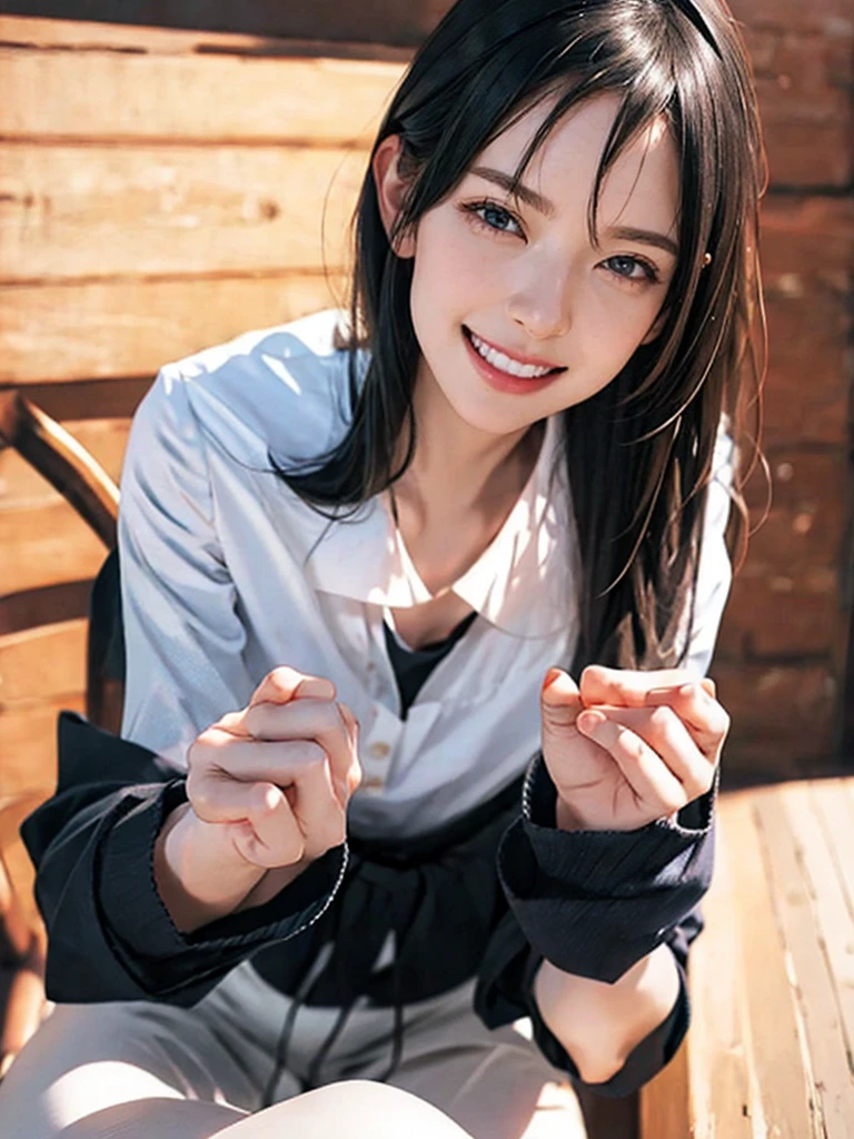 raw photo, 1girl, cute face, beautiful face, medium breast, collared blouse, White blouse, light smile, detailed skin, simple background, Above the knee, sit on a chair, photorealistic, masterpiece, best quality, anatomically correct