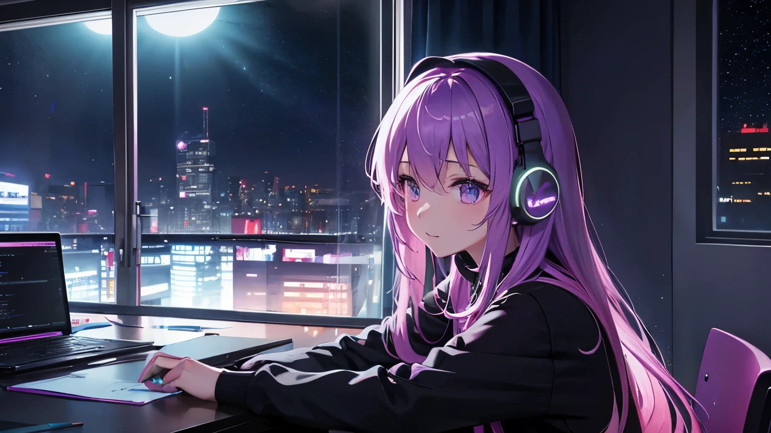 At night, The neon lights in the windows come on、Woman living alone is studying at desk on left side wearing headphones。In the corner of the room, A view enveloped in late night silence.、The beauty of the universe spreads out before your eyes beyond the window glass..。There was no one else but her、Neon lights illuminate the room in a fantastic way。The color is purple