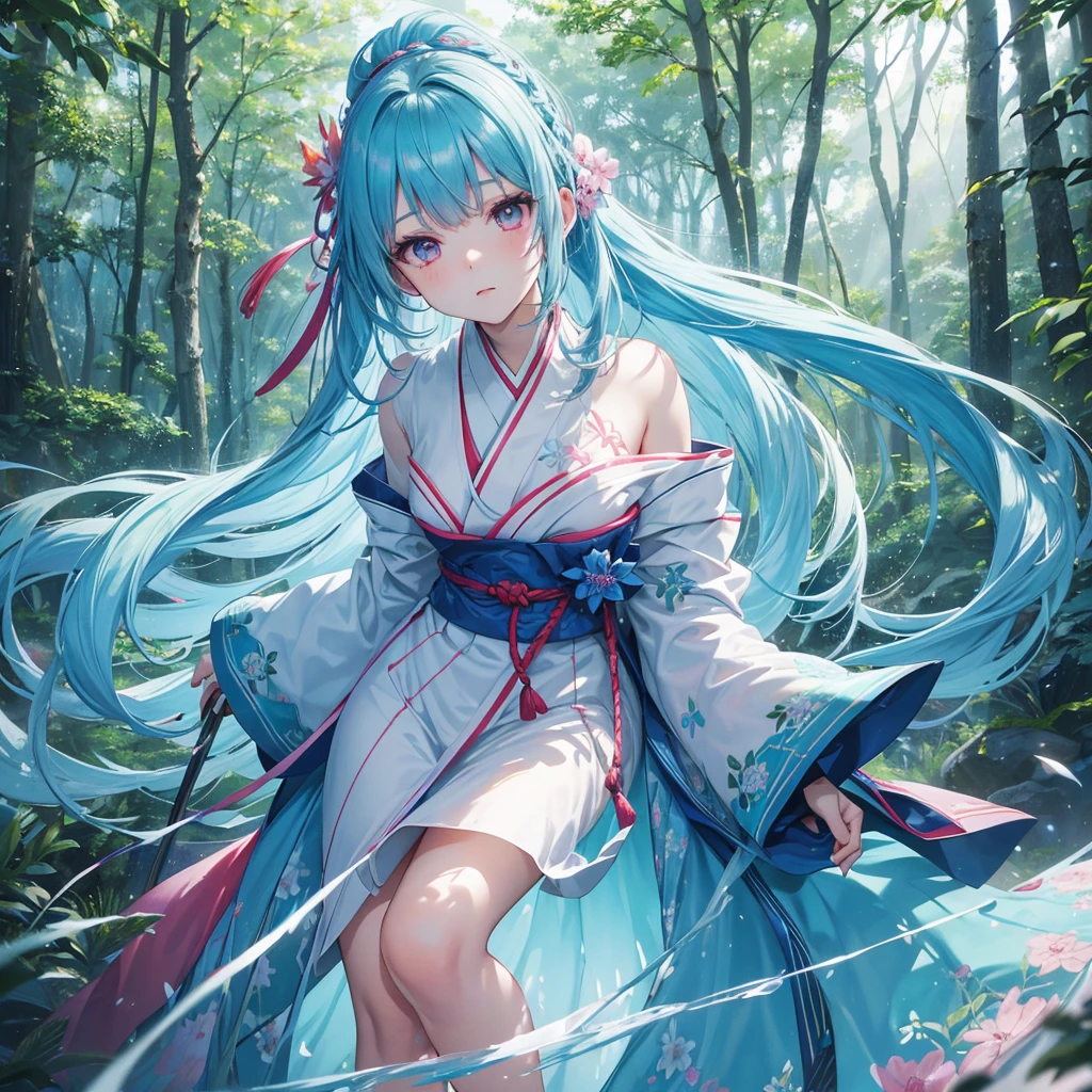 sky Blue hair, (braided ponytail),(pink eyes),fair skin ,(full body),1 girl,アヘ顔,white red kimono,(Fresh green forest),Forest Goddess,Straight Bangs,(masterpiece, best quality, ultra-detailed, best shadow), (detailed background), (beautiful detailed face), high contrast, (best illumination, an extremely delicate and beautiful), ((cinematic light)), colorful, hyper detail, dramatic light, intricate details,guardian of the forest,Leaf Blizzard,