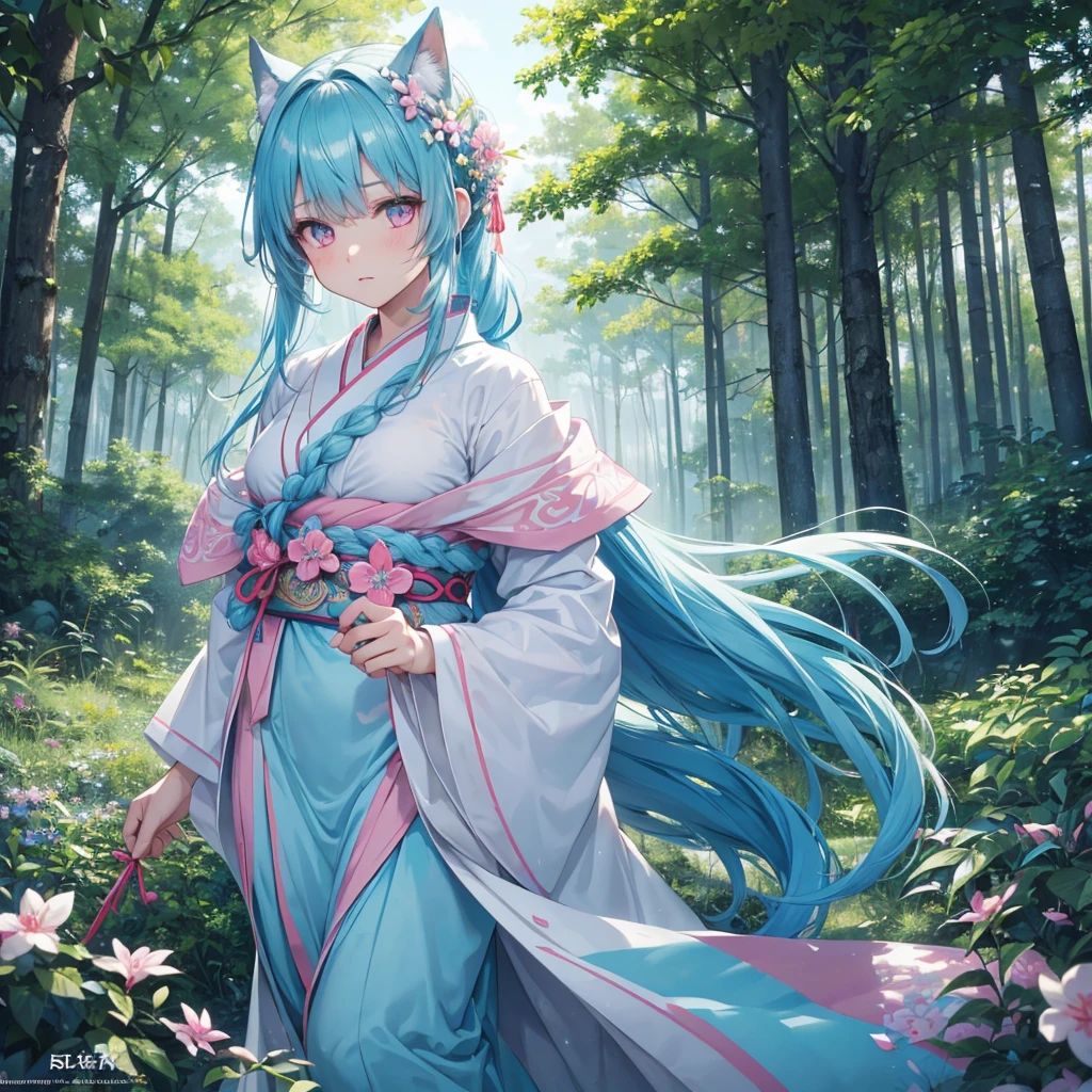sky Blue hair, (braided ponytail),(pink eyes),fair skin ,(full body),1 girl,アヘ顔,white red kimono,(Fresh green forest),Forest Goddess,Straight Bangs,(masterpiece, best quality, ultra-detailed, best shadow), (detailed background), (beautiful detailed face), high contrast, (best illumination, an extremely delicate and beautiful), ((cinematic light)), colorful, hyper detail, dramatic light, intricate details,guardian of the forest,Leaf Blizzard,