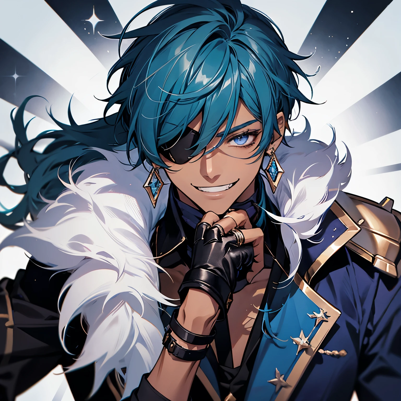 kaeya (genshin impact), 1boy, male focus, eyepatch, dark-skinned male, gloves, solo, jewelry, blue hair, earrings, long hair, blue eyes, single earring, dark skin, bangs, black gloves, fingerless gloves, grin