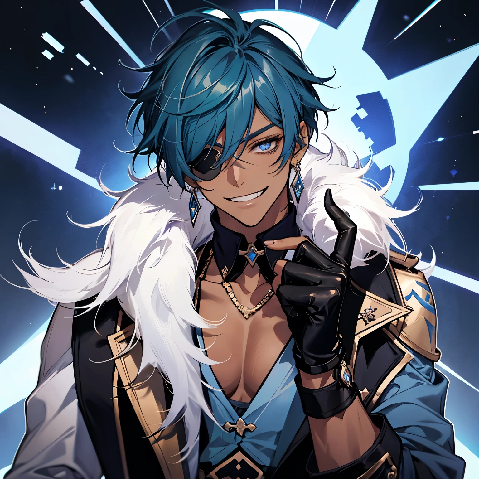 kaeya (genshin impact), 1boy, male focus, eyepatch, dark-skinned male, gloves, solo, jewelry, blue hair, earrings, long hair, blue eyes, single earring, dark skin, bangs, black gloves, fingerless gloves, grin