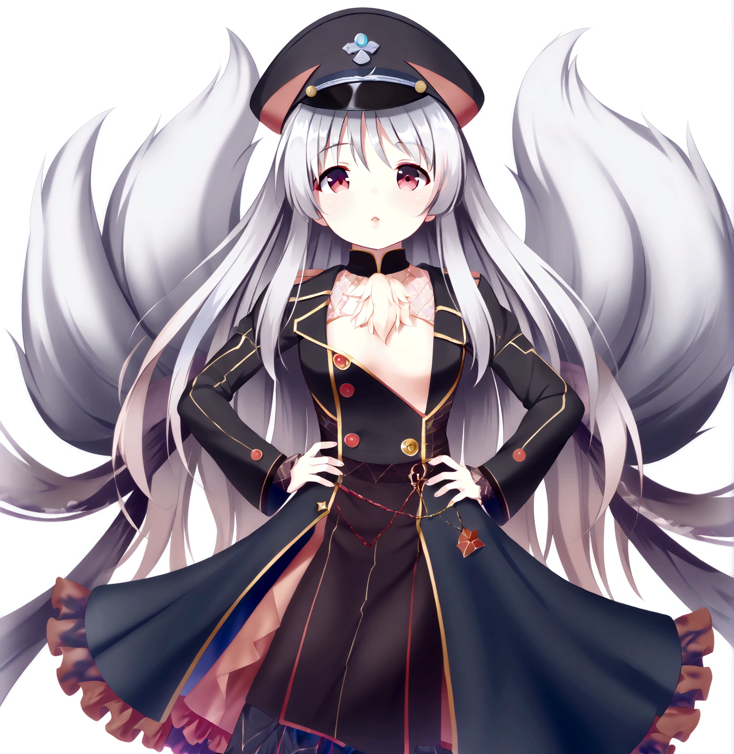 Black military cap, shawl, 1 Girl, Look up, Hands on hips, Long hair,Fluffy hair, Silver hair, Red eyes, front, , Handsome, masterpiece, Lips up, masterpiece,