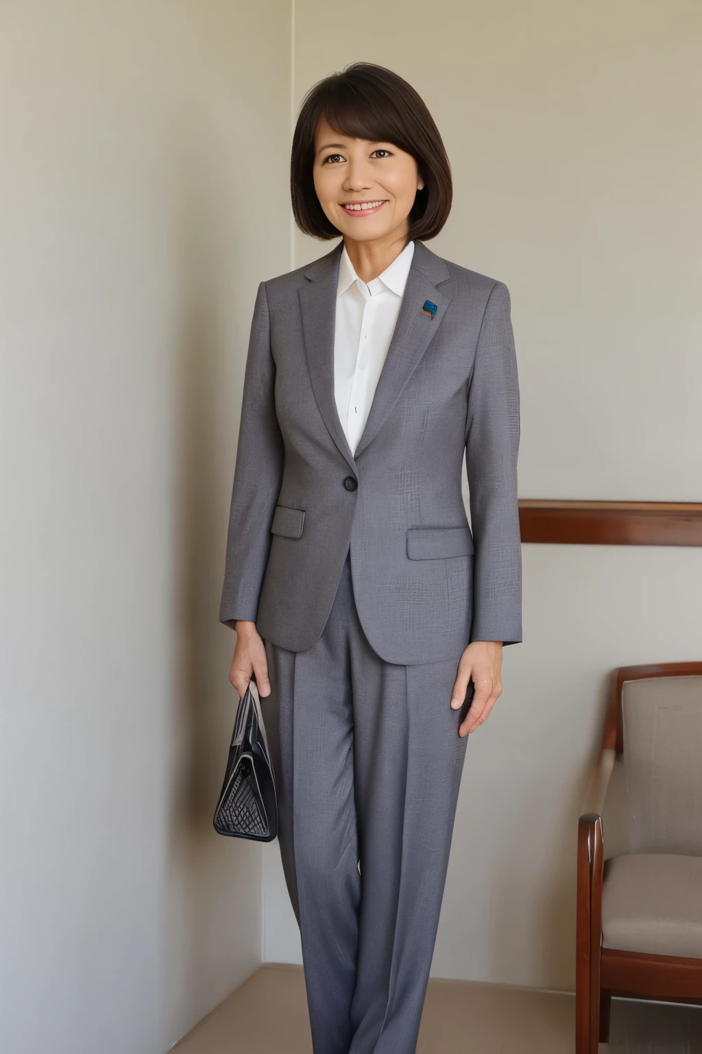 politician、40 year old grandma、The whole body from toes to head、Grey formal attire、Light from the front、Very Short Hair、Japanese、body is facing forward