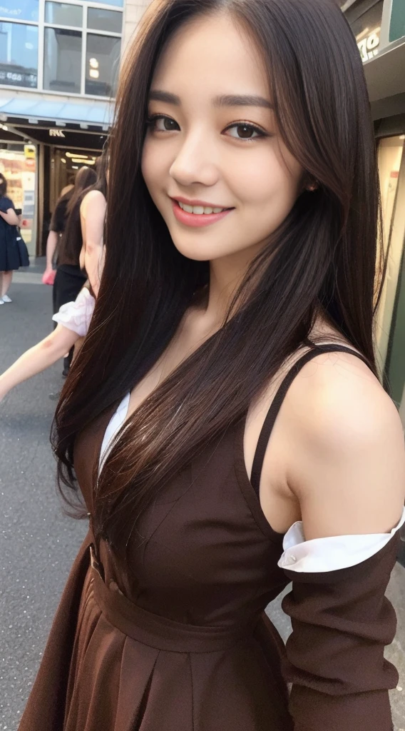 ((Best quality, 8k, Masterpiece :1.3)), 1girl, smiling, full body, slim face, Pretty woman, (Dark brown hair), full length dress :1.1, Ultra-detailed face, Detailed eyes, Double eyelid, blur background, slim face, city, outside, street,