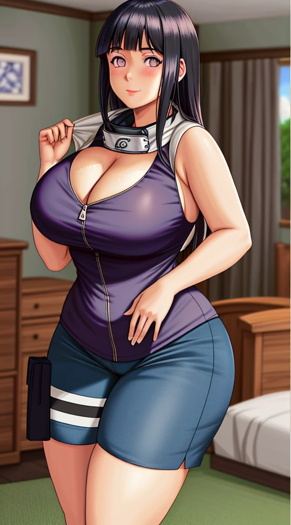 Masterpiece, highres, high Quality, detailed face, detailed body render, 1girl, solo, hyuuga hinata, hinata-sleeveless-outfit, large breasts, big breast, sleeveless shirt, fishnet top, dark lips, unzipped jacket, no bra, breasts out, nipple, standing, blushes, (on bedroom), (Thick thighs:1.3) ((PAWG BODY:1.2)) (CLEAVAGE:1.2)