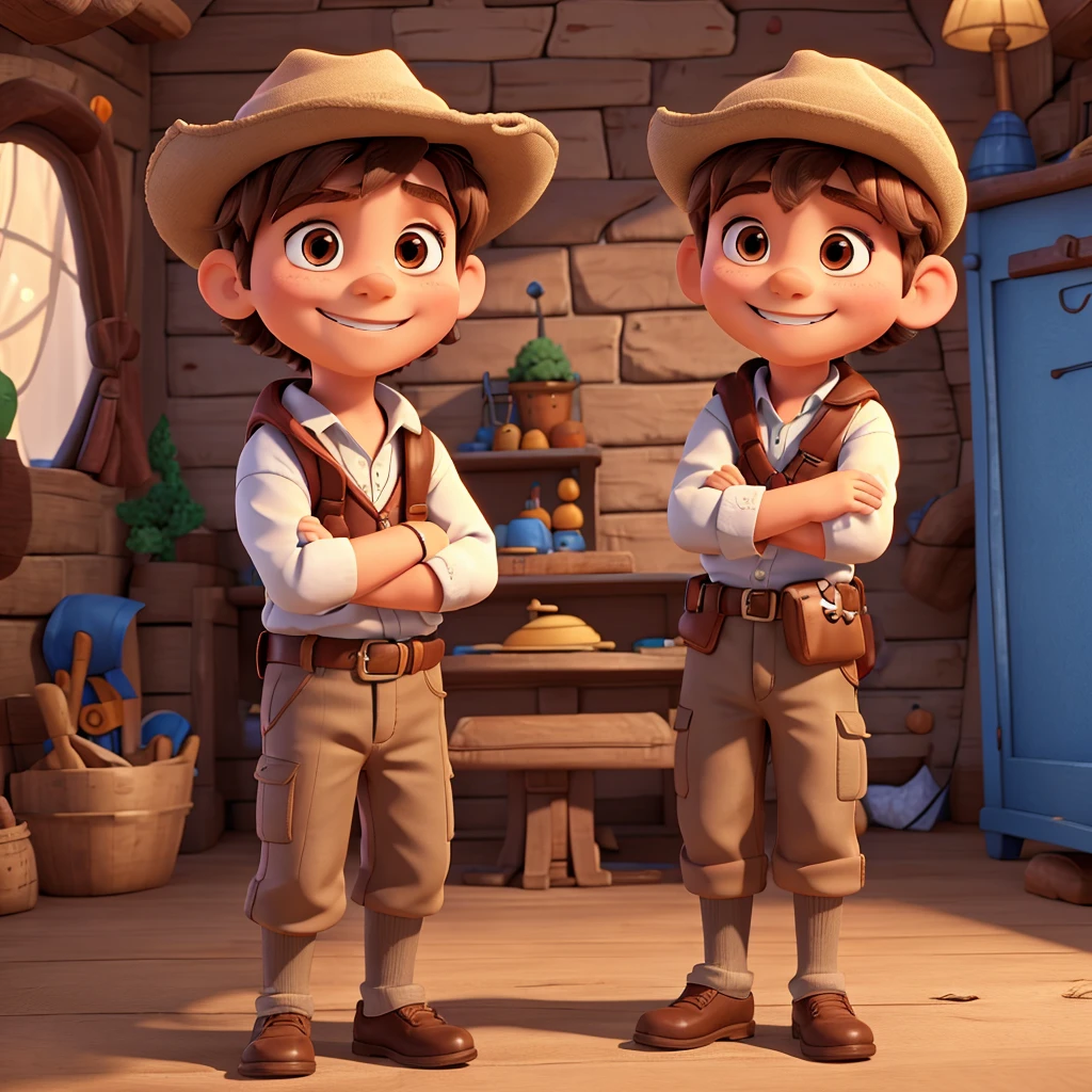 A 5  boy with brown hair, wearing adventurer costume with hat, Smiling and with my arms crossed. 8K, UHD and pixar style.