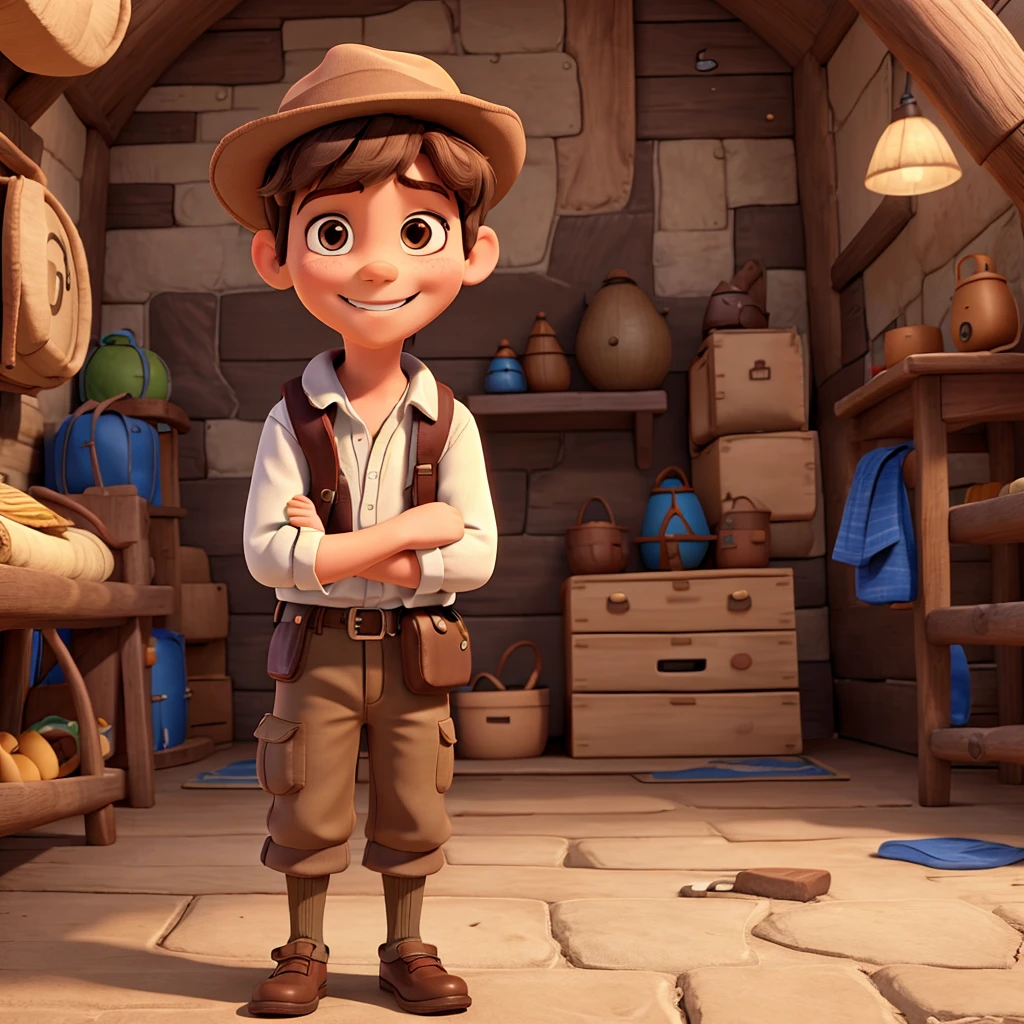 A 5 year old boy with brown hair, wearing adventurer costume with hat, Smiling and with my arms crossed. 8K, UHD and pixar style.