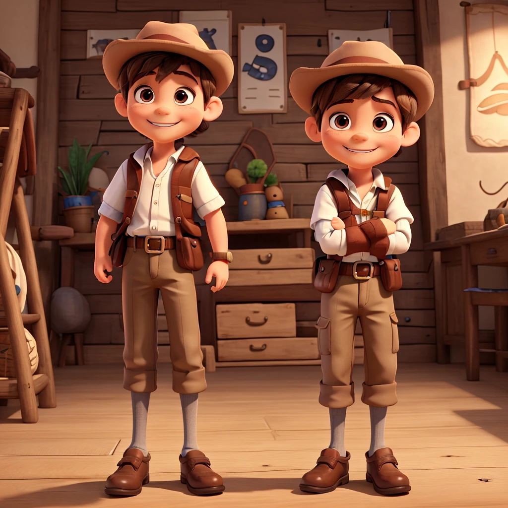 A 5 year old boy with brown hair, wearing adventurer costume with hat, Smiling and with my arms crossed. 8K, UHD and pixar style.