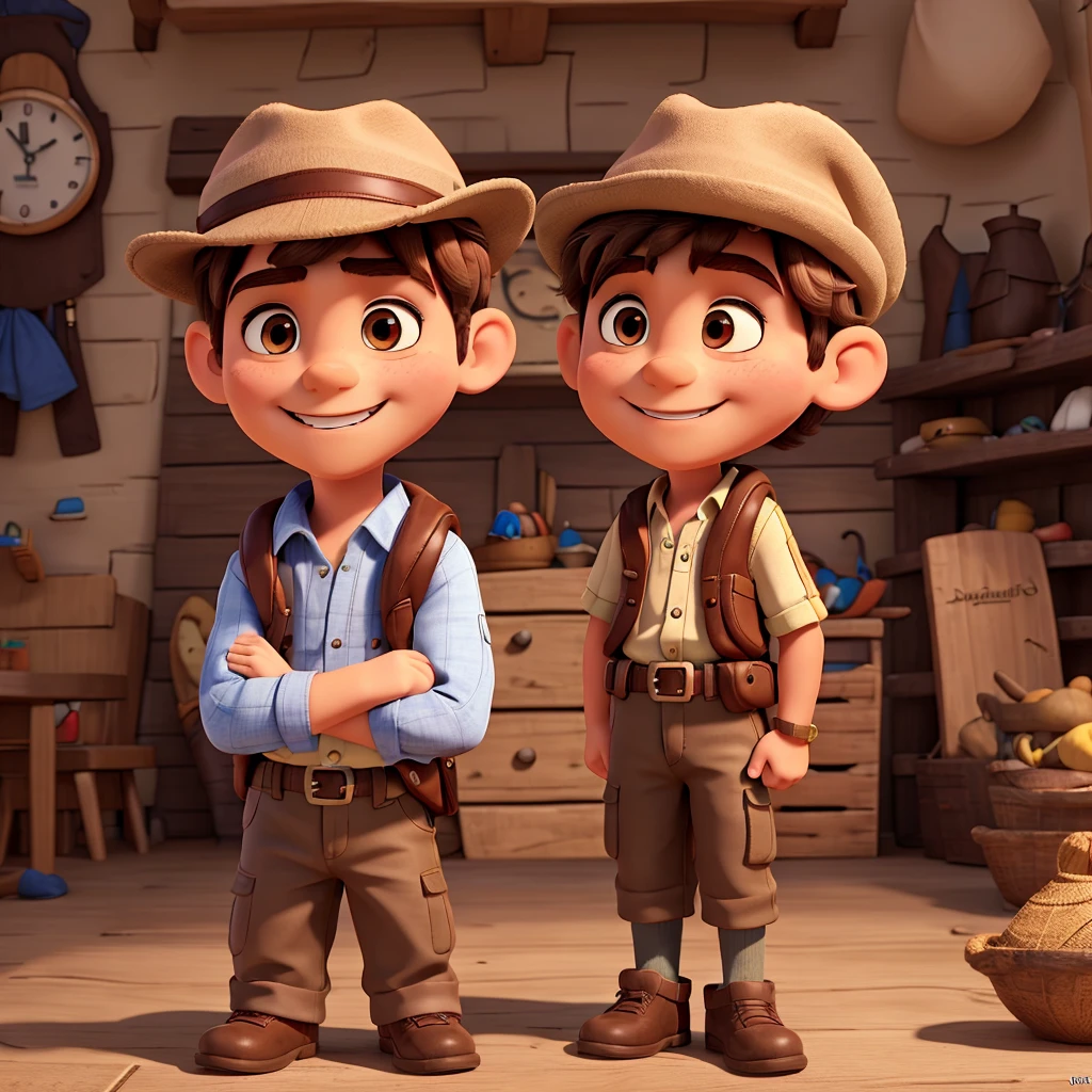 A 5 year old boy with brown hair, wearing adventurer costume with hat, Smiling and with my arms crossed. 8K, UHD and pixar style.