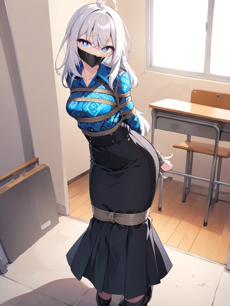 score_9, score_8_up, source_anime, 1girl,A age girl, standing confidently in a schoolyard, wearing a traditional Indonesian . The uniform features a vibrant, orange and blue batik patterned shirt with long sleeves. A simple black belt cinches the waist. Her long, flowing black skirt reaches her ankles, contrasting with the colorful top.innocent, blue eyes,full body ,ahoge, solo, colored tips, white hair, high-waist skirt, long skirt, black skirt, , long sleeves, standing, indoors, (bound with an excessive amount of ropes), (bound wirsts), (arms behind back), (tapegag, tape gag), dramatic, (looking at viewer), (detailed pupils:1.3),ahoge,pencil skirt, classroom