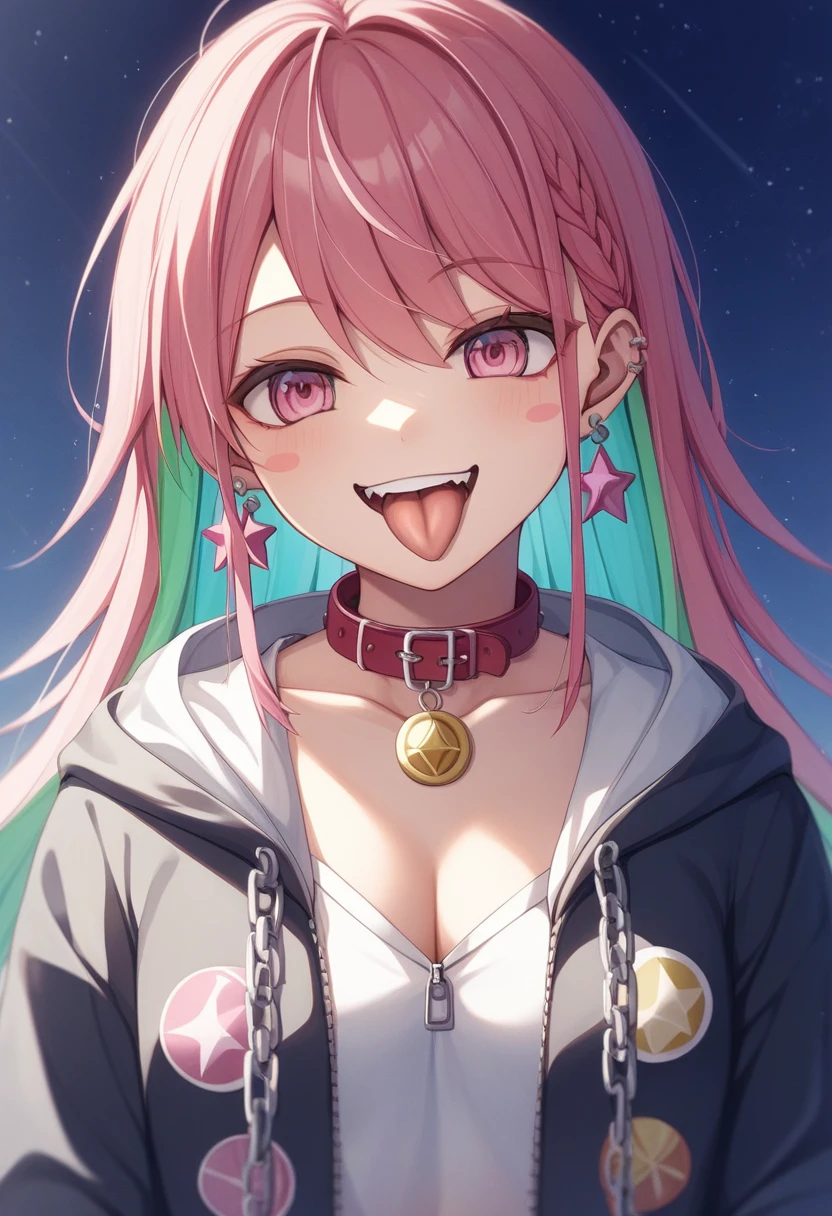 (masterpiece:1.2)、Highest quality、PIXIV、Rebellious girl、One girl、Open your mouth、鋭いteeth、teeth、Long Hair、Street background、gem、badge、ボタンbadge、Food、Pink Eyes、Earrings、Jacket、eyelash、Foodを下にして、star (symbol)、Upper Body、Characters in clothes、zipper、collar、cable、chain、tongue、Stickers、hoodie、smile、spike、Focus on the viewer、長いtongue、Chest in the center、Shoulder Bare、Belly button、Colorful hair colors,Night view