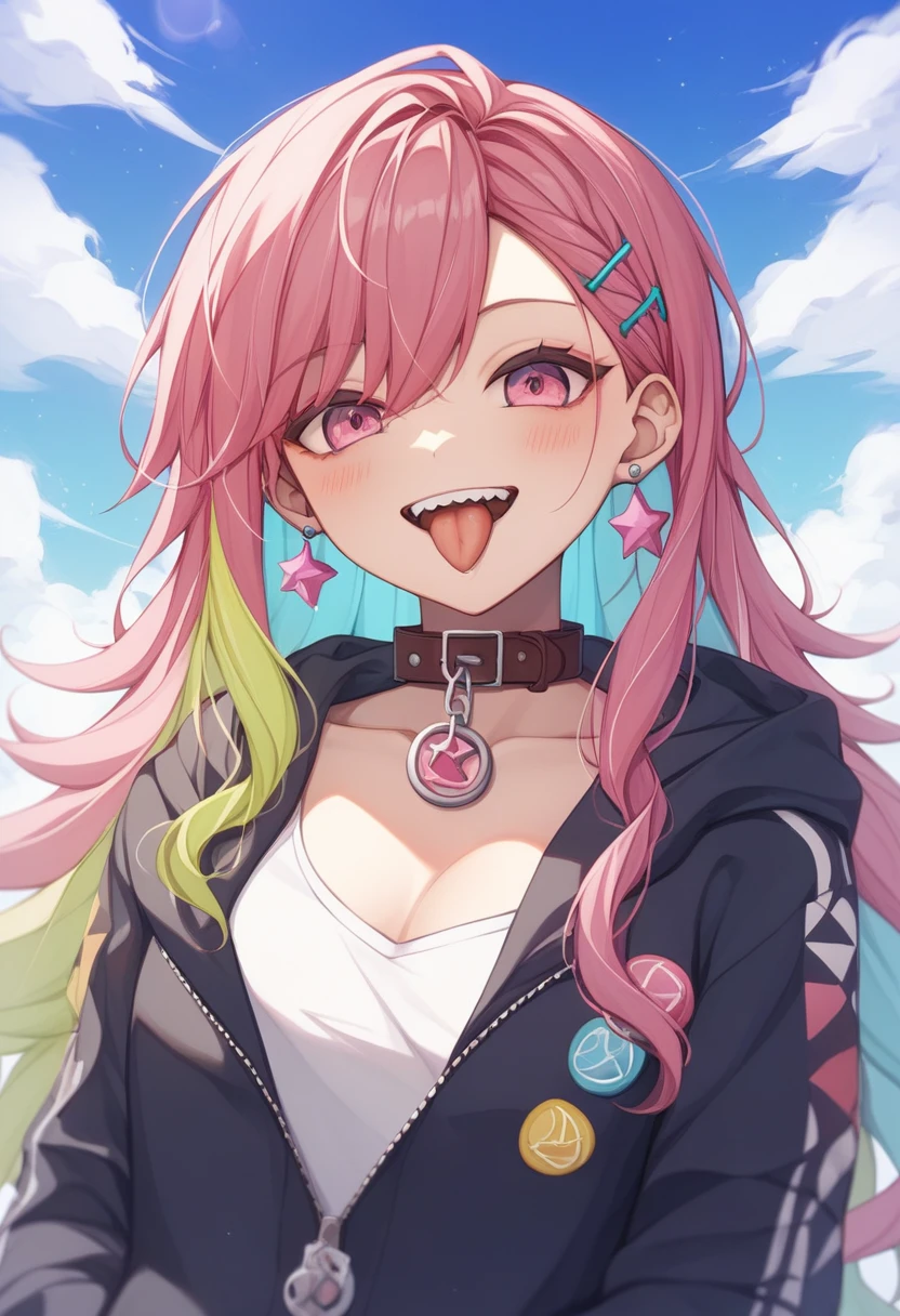 (masterpiece:1.2)、Highest quality、PIXIV、Rebellious girl、One girl、Open your mouth、鋭いteeth、teeth、Long Hair、Street background、gem、badge、ボタンbadge、Food、Pink Eyes、Earrings、Jacket、eyelash、Foodを下にして、star (symbol)、Upper Body、Characters in clothes、zipper、collar、cable、chain、tongue、Stickers、hoodie、smile、spike、Focus on the viewer、長いtongue、Chest in the center、Shoulder Bare、Belly button、Colorful hair colors,Night view