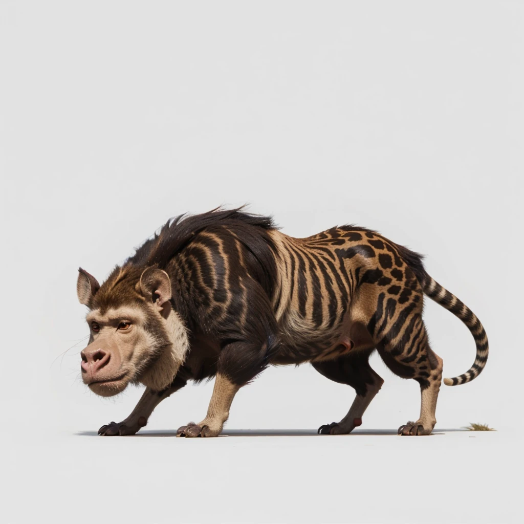 Big Animaly, has white stripes on his skin, yellow and red eyes, warthog mixed with monkey, Grassroots, no background