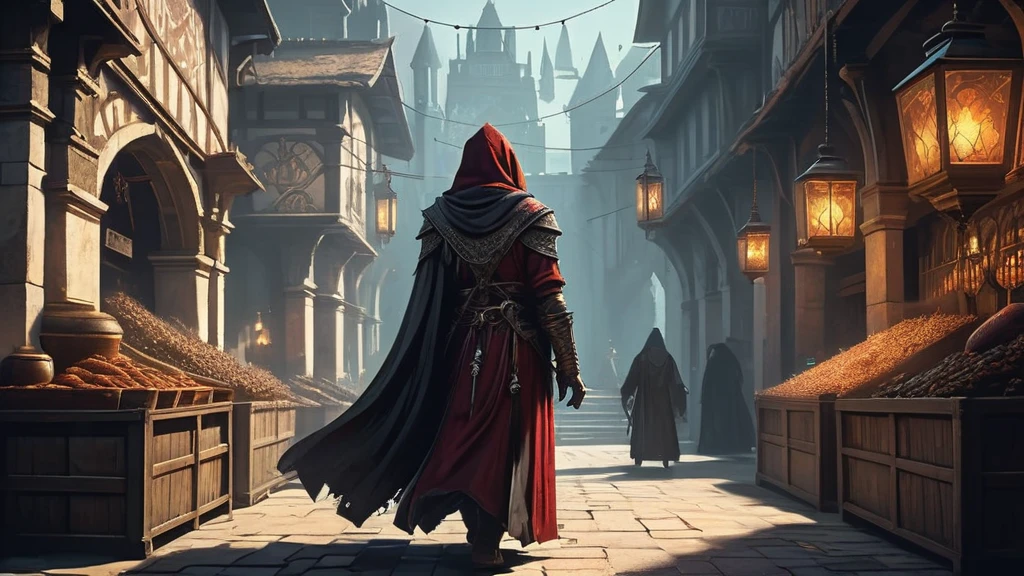As the first light of dawn filters through the ancient spires and narrow alleys of Greyhaven, the bustling medieval market awakens from its nocturnal slumber. Nestled within the shadow of the towering citadel, stalls adorned with faded banners and flickering lanterns come to life with an array of exotic wares and mysterious artifacts, their origins obscured by the veil of time and whispered rumors.
Amidst the cobblestone streets, merchants with weathered faces and eyes that gleam with unspoken secrets set out their goods—a labyrinthine tapestry of spellbound trinkets, potions brewed from rare herbs, and enchanted relics said to harness the power of forgotten gods. Hooded figures clad in cloaks of deep crimson and midnight black drift like phantoms through the throng, their presence evoking both awe and unease among the bustling crowds.
Against the backdrop of towering stone arches and weathered statues that bear witness to centuries of arcane rites, a young apprentice or a wandering minstrel arrives at the market. Drawn by tales of forbidden knowledge or driven by a quest for redemption, they navigate the labyrinthine alleys where shadows linger and whispers of ancient curses echo through the air.
Amidst the intoxicating scent of spiced meats and fragrant incense, they encounter a mysterious fortune-teller who offers cryptic glimpses into the future, a grizzled weaponsmith whose blades whisper of battles long forgotten, and a beguiling herbalist whose potions promise healing but demand a price too steep to pay.
As they weave through the market's tapestry of intrigue and deception, the apprentice or minstrel uncovers a web of alliances and rivalries that threaten to unravel the delicate balance of power in Greyhaven. They must navigate treacherous bargains with otherworldly beings, decipher cryptic prophecies that foretell of impending doom, and confront their own fears and desires amidst the all-encompassing darkness.
In a realm where magic flows like the curre