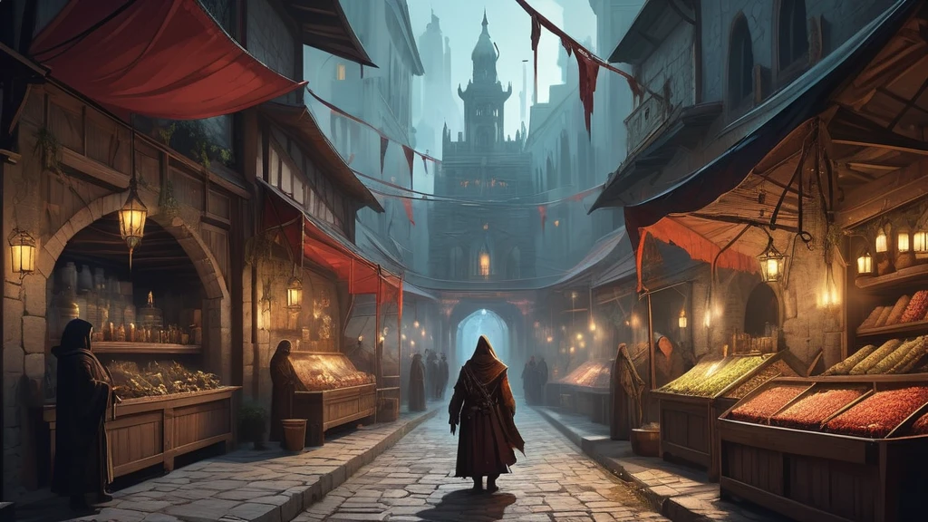 As the first light of dawn filters through the ancient spires and narrow alleys of Greyhaven, the bustling medieval market awakens from its nocturnal slumber. Nestled within the shadow of the towering citadel, stalls adorned with faded banners and flickering lanterns come to life with an array of exotic wares and mysterious artifacts, their origins obscured by the veil of time and whispered rumors.

Amidst the cobblestone streets, merchants with weathered faces and eyes that gleam with unspoken secrets set out their goods—a labyrinthine tapestry of spellbound trinkets, potions brewed from rare herbs, and enchanted relics said to harness the power of forgotten gods. Hooded figures clad in cloaks of deep crimson and midnight black drift like phantoms through the throng, their presence evoking both awe and unease among the bustling crowds.

Against the backdrop of towering stone arches and weathered statues that bear witness to centuries of arcane rites, a young apprentice or a wandering minstrel arrives at the market. Drawn by tales of forbidden knowledge or driven by a quest for redemption, they navigate the labyrinthine alleys where shadows linger and whispers of ancient curses echo through the air.

Amidst the intoxicating scent of spiced meats and fragrant incense, they encounter a mysterious fortune-teller who offers cryptic glimpses into the future, a grizzled weaponsmith whose blades whisper of battles long forgotten, and a beguiling herbalist whose potions promise healing but demand a price too steep to pay.

As they weave through the market's tapestry of intrigue and deception, the apprentice or minstrel uncovers a web of alliances and rivalries that threaten to unravel the delicate balance of power in Greyhaven. They must navigate treacherous bargains with otherworldly beings, decipher cryptic prophecies that foretell of impending doom, and confront their own fears and desires amidst the all-encompassing darkness.

In a realm where magic flows like the curre